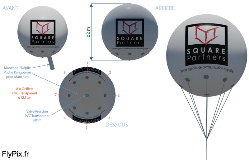 Simulation 3D de la représentation d'un ballon publicitaire sphérique avec marquage d'un logo en impression numérique couleur.