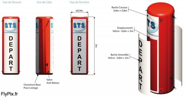 Totem gonflable publicitaire qui sera utilisé pour le balisage d'un circuit de piste de ski pour une compétition sportive dans une station de sport d'hiver.