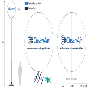 Clean Air : un ballon sur mat imprimé air captif, enveloppe PVC 0.18 mm, sphère D = 1,5 m, mat hauteur télescopique 6 m