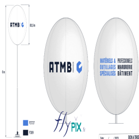ATMB : un ballon sur mat imprimé air captif, enveloppe PVC 0.18 mm, sphère D = 1,5 m, mat hauteur télescopique 6 m