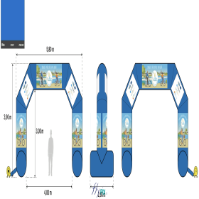 RG Publicité : fabrication sur mesure d'une arche gonflable publicitaire L = 4 m x H = 3 m, avec 10 marquages amovibles