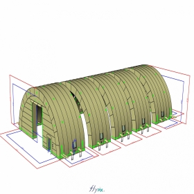 Fabrication sur mesure d'un hangar gonflable militaire L = 25 m x l = 14 m x H = 7 m,  S = 350 m2, en 5 modules L 5 m x l = 14 m x H = 7 m, tunnel