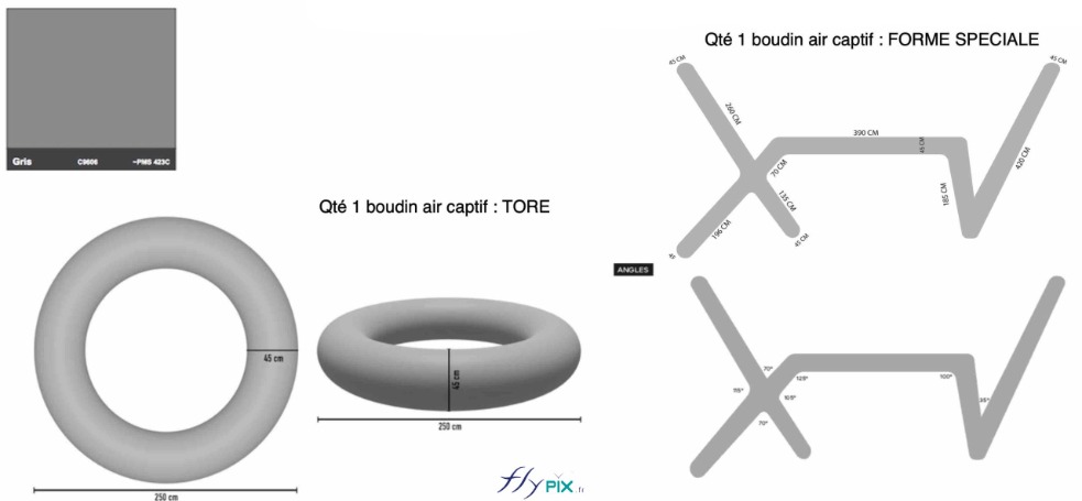 BAT pour 2 boudins gonflables TORE et formes personnalisées sur mesure, air captif, PVC 0.6 mm simple peau : GALERIE CREVE COEUR