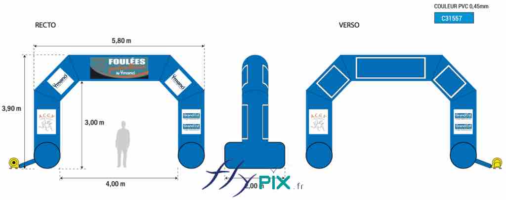 Arche gonflable publicitaire ACGV 4 x 3 m, enveloppe PVC 0.45 mm simple peau, 10 marquages amovibles, ventilé par une turbine en permanence