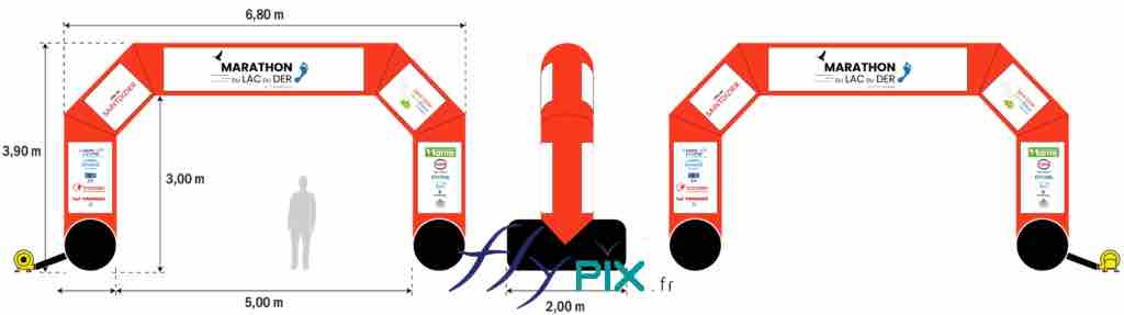 Marathon Du Lac Du Der : fabrication sur mesure d'une arche gonflable publicitaire personnalisée de dimensions 5 x 3 m, enveloppe PVC 0.45 mm simple peau, ventilée par turbine en permanence, 10 marquages amovibles velcro