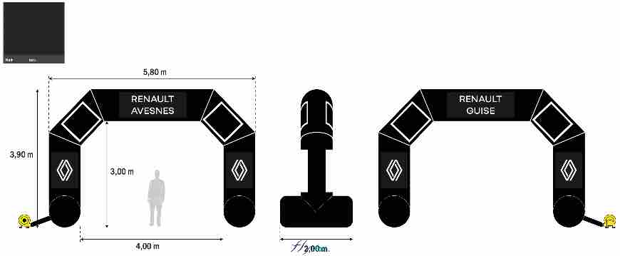 Renault Avesnes et Guise : une arche gonflable 4 x 3 m publicitaire, ventilée par une turbine en permanence, enveloppe PVC 0.45 mm simple peau, avec 10 banderoles de marquages amovibles fixations velcro.