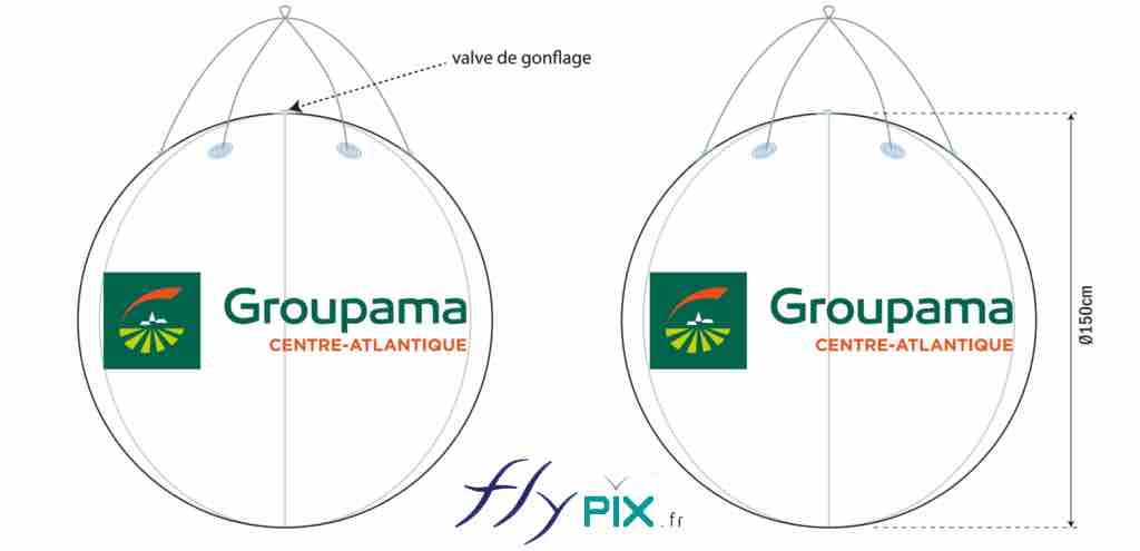 GROUPAMA CENTRE-ATLANTIQUE : Ballon en PVC 0.18 mm air captif simple peau, gonflé à l'air avec une pompe électrique, à poser ou à suspendre par le haut, impression logo en couleur 2 faces recto/verso.