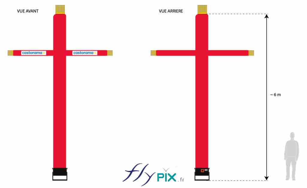 Castorama L'Union : fabrication d'un skydancer imprimé full print total covering de 6 m de hauteur, en forme de bonhomme.