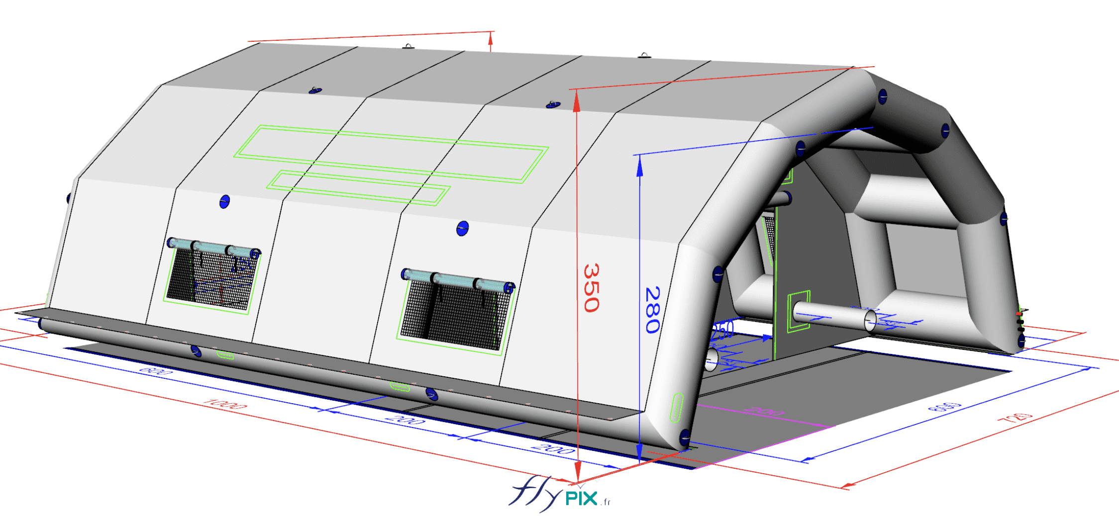 Voici une modélisation en 3D, le BAT (bon à tirer), présentant le concept de la tente PMA (Poste Médical Avance), validé par le commanditaire. Cet abri gonflable fabriqué sur mesure par nos soins, est air captif, c'est-à-dire gonflé à l'air avec une pompe électrique et un régulateur de pression, le matériau utilisé est du PVC 0.6 mm simple peau, avec des jointures soudées. Sur le pignon avant, il y a une marquise et une porte d'entrée principale large pignon, l'abri comporte aussi des fenêtres et des points de jour, avec volets et moustiquaires. Des bandes velcro, placés sur la toiture, sont des emplacements réservés pour des marquages de banderoles en bâche PVC amovible, personnalisés avec des marquages imprimés. Au sol, à la base des murs et des portes d'accès, il y a une bavette au sol. Des anneaux et des œillets métalliques sont répartis sur les boudins d'ossatures pour la fixation des cordes de haubanage qui seront attachées aux sacs de lestages à remplir de sable. Des interfaces de manchons à air et manchons passe fils électriques sont aussi présents. Voici une modélisation en 3D, le BAT (bon à tirer), présentant le concept de la tente PMA (Poste Médical Avance), validé par le commanditaire. Cet abri gonflable fabriqué sur mesure par nos soins, est air captif, c'est-à-dire gonflé à l'air avec une pompe électrique et un régulateur de pression, le matériau utilisé est du PVC 0.6 mm simple peau, avec des jointures soudées. Sur le pignon avant, il y a une marquise et une porte d'entrée principale large pignon, l'abri comporte aussi des fenêtres et des points de jour, avec volets et moustiquaires. Des bandes velcro, placés sur la toiture, sont des emplacements réservés pour des marquages de banderoles en bâche PVC amovible, personnalisés avec des marquages imprimés. Au sol, à la base des murs et des portes d'accès, il y a une bavette au sol. Des anneaux et des œillets métalliques sont répartis sur les boudins d'ossatures pour la fixation des cordes de haubanage qui seront attachées aux sacs de lestages à remplir de sable. Des interfaces de manchons à air et manchons passe fils électriques sont aussi présents.