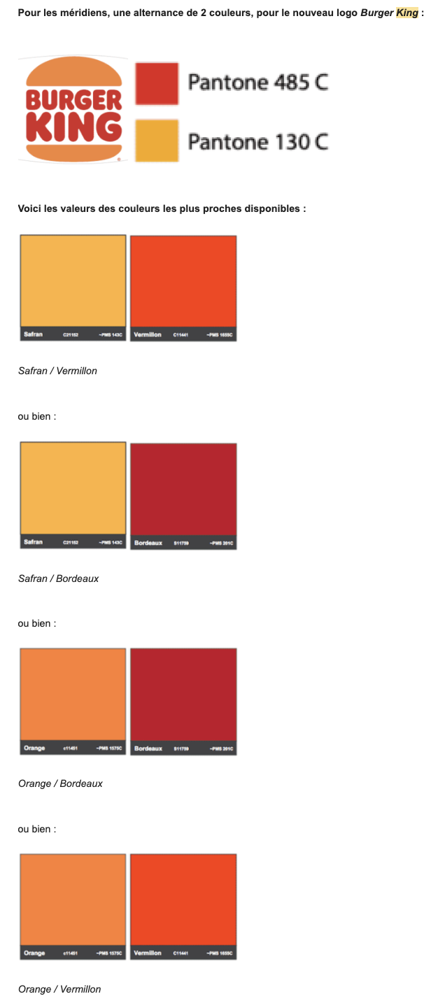 BURGER KING etude couleur nuancier Pantone enveloope PVC 045mm