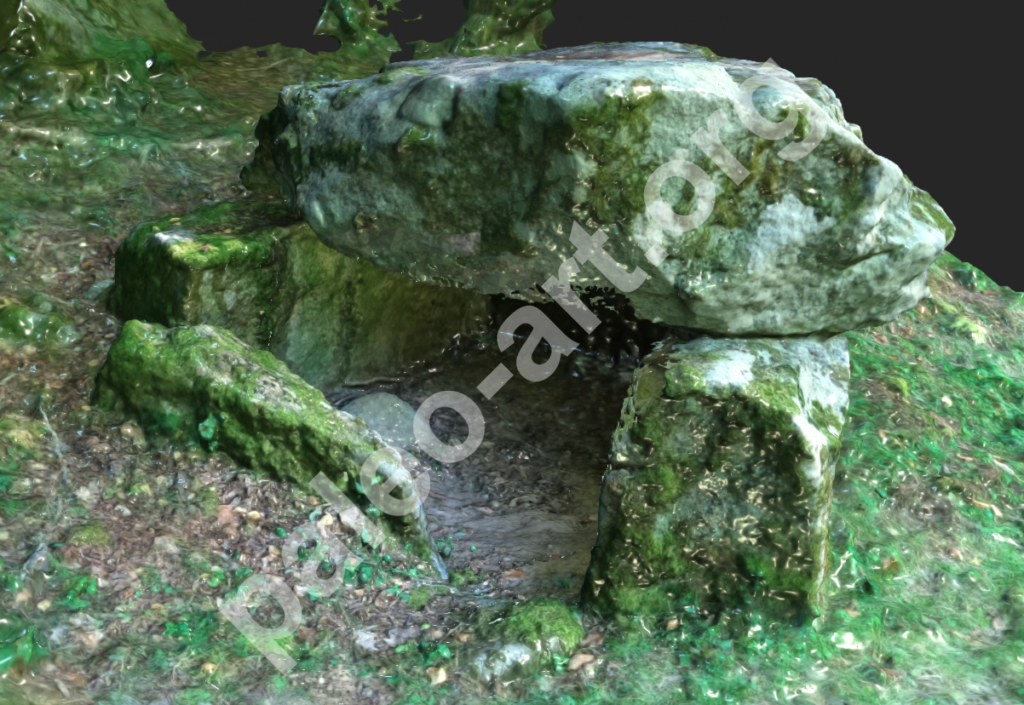 Vue en 3D par photogrammétrie du Dolmen d'Ayer, dans la Vallée du Riberot, en Ariège.