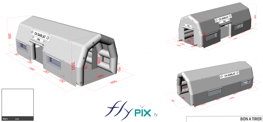 BAT, modélisation 3D : bon à tirer pour la tente PMA médicale, air captif, pour le Centre Hospitalier Jean Leclaire à Sarlat