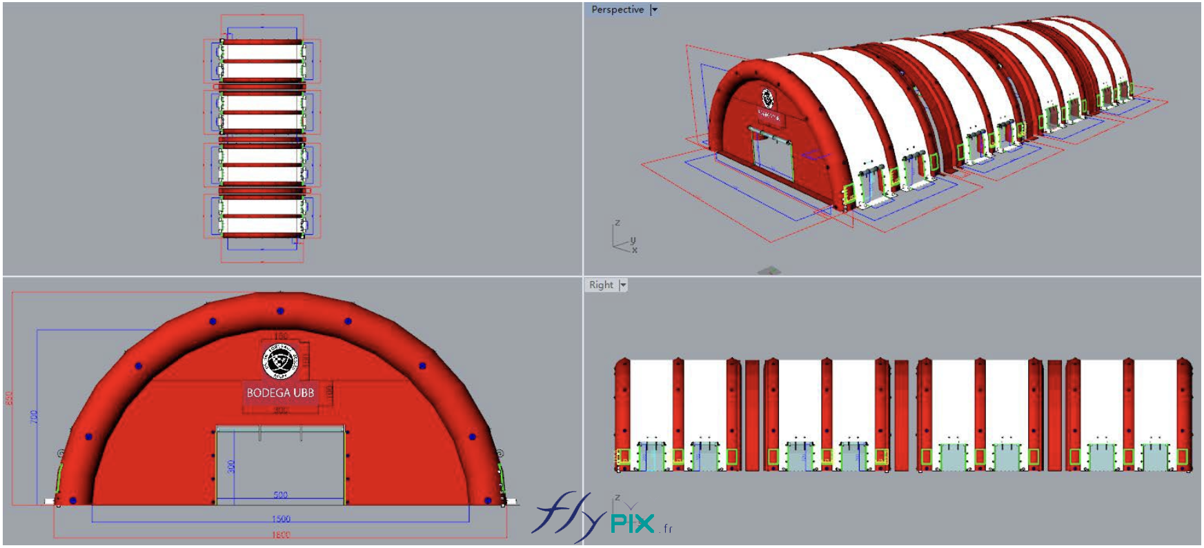 FLYPIX Etude modelisation 3D infographie conception tente reception public air captif tunnel pompe regulateur pression enveloppe PVC 06mm simple peau UNION BORDEAUX BELGES 11