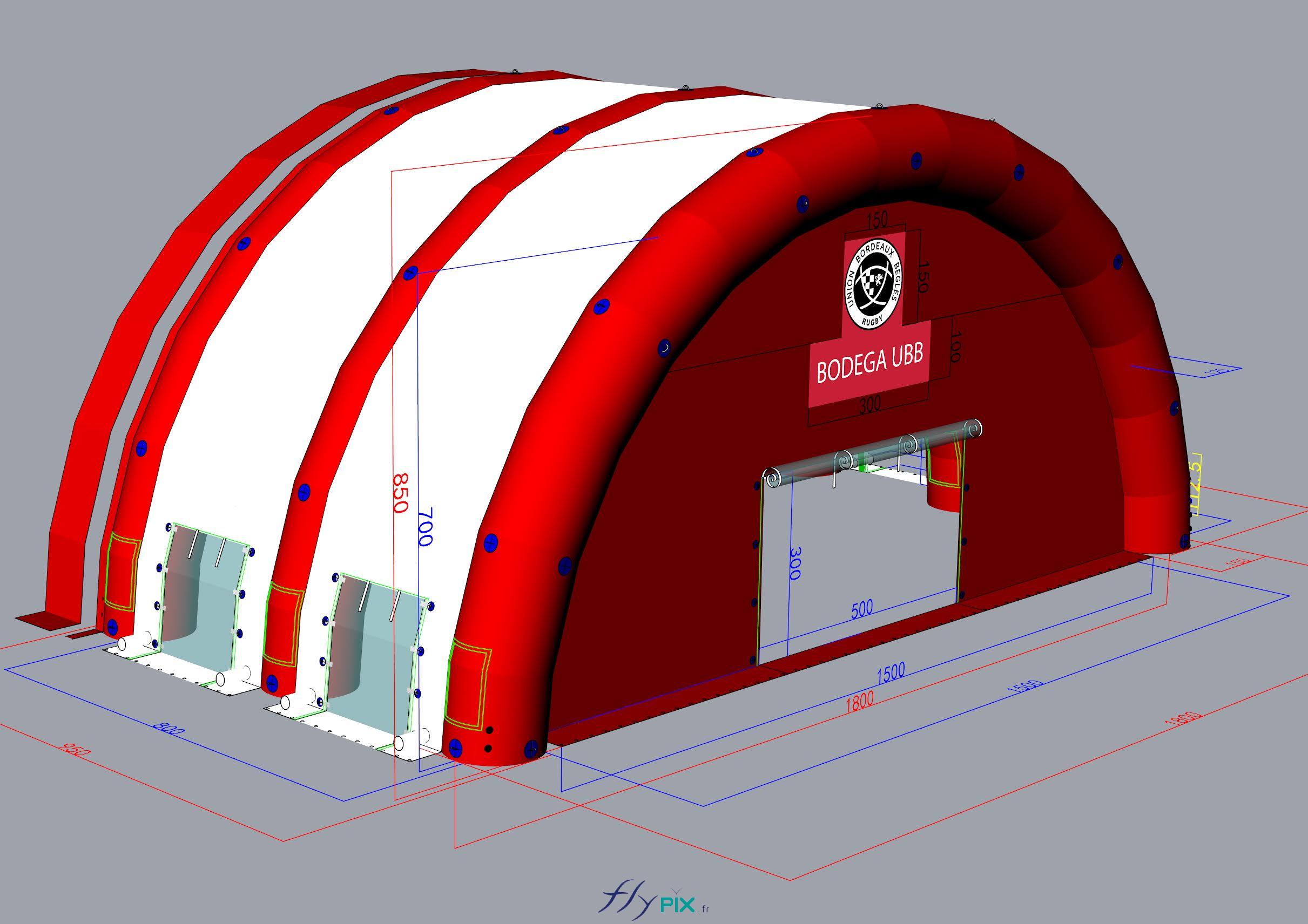 FLYPIX Etude modelisation 3D infographie conception tente reception public air captif tunnel pompe regulateur pression enveloppe PVC 06mm simple peau UNION BORDEAUX BELGES 4