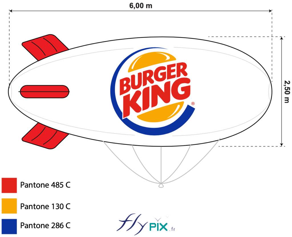 BAT du ballon dirigeable imprimé et personnalisé, enveloppe PVC 0.18 mm simple peau, logoté, gonflé à l'hélium : BURGER KING