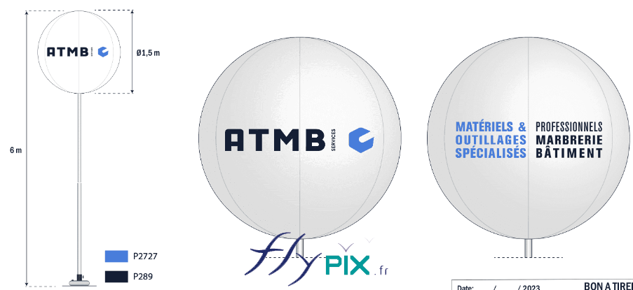 FlyPix Ballon sur mat sphere air captif enveloppe pvc 018 mm simple peau impression recto verso 2 faces couleur fond blanc stand salon professionnel CLEAN AIR