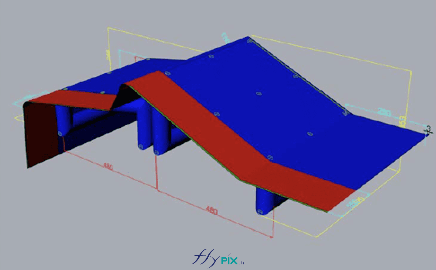 FlyPix abri tente gonflable air captif ventile pompe turbine enveloppe pvc 045 060mm chantier viaduc EUROVIA modelisation 3D etude ingenierie bat 19