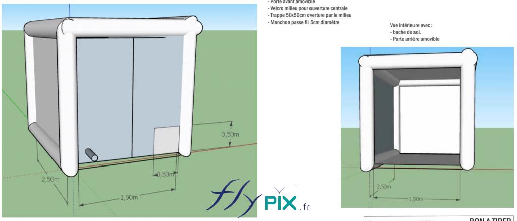 BAT (bon à tirer) tente gonflable air captif, tente médicale, en forme de cube, pour réaliser des expériences de dissémination du virus Covid 19, pour la société MINES SAINT ETIENNE