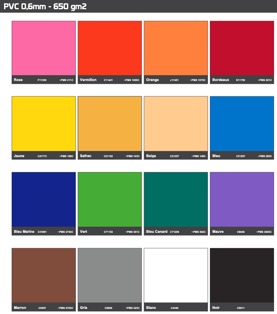 Nuancier Pantone des couleurs disponibles pour les enveloppes PVC 0.6 mm, pour les arches gonflables air captif gonflées avec une pompe électrique.