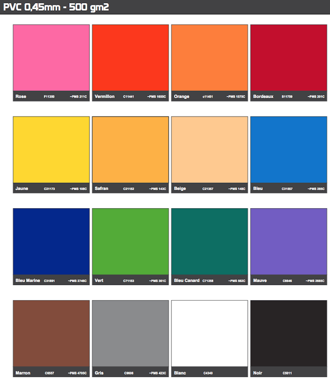 Nuancier couleurs PVC O45mm enveloppe FLYPIX