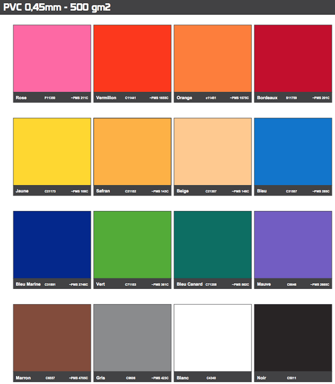 Nuancier Pantone des couleurs disponibles pour les enveloppes PVC 0.45 mm pour les arches gonflables ventilées par turbine en permanence.