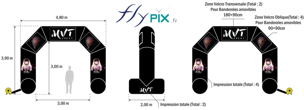 BAT: 1 arche publicitaire 3x3 m, full print + 8 marquages amovibles veclro, recto/verso. Enveloppe PVC 0,45 mm.