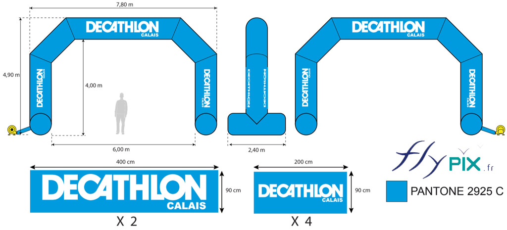 Une arche gonflable publicitaire fabriquée pour le magasin de sport Décathlon Calais, avec des marquages amovibles.