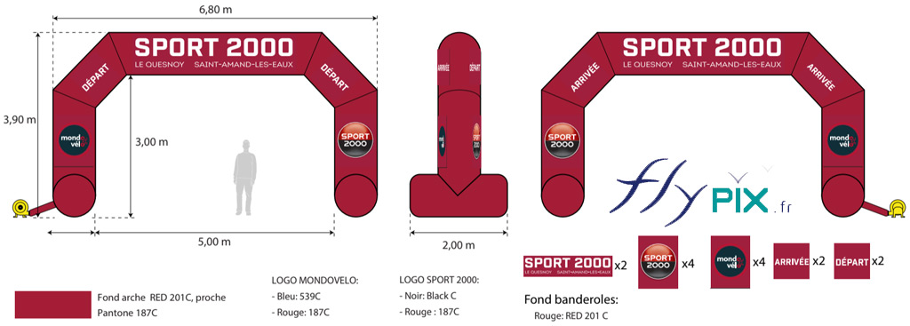 Arche gonflable publicitaire fabriquée pour SPORT 2000, avec des marquages amovibles de banderoles imprimées.