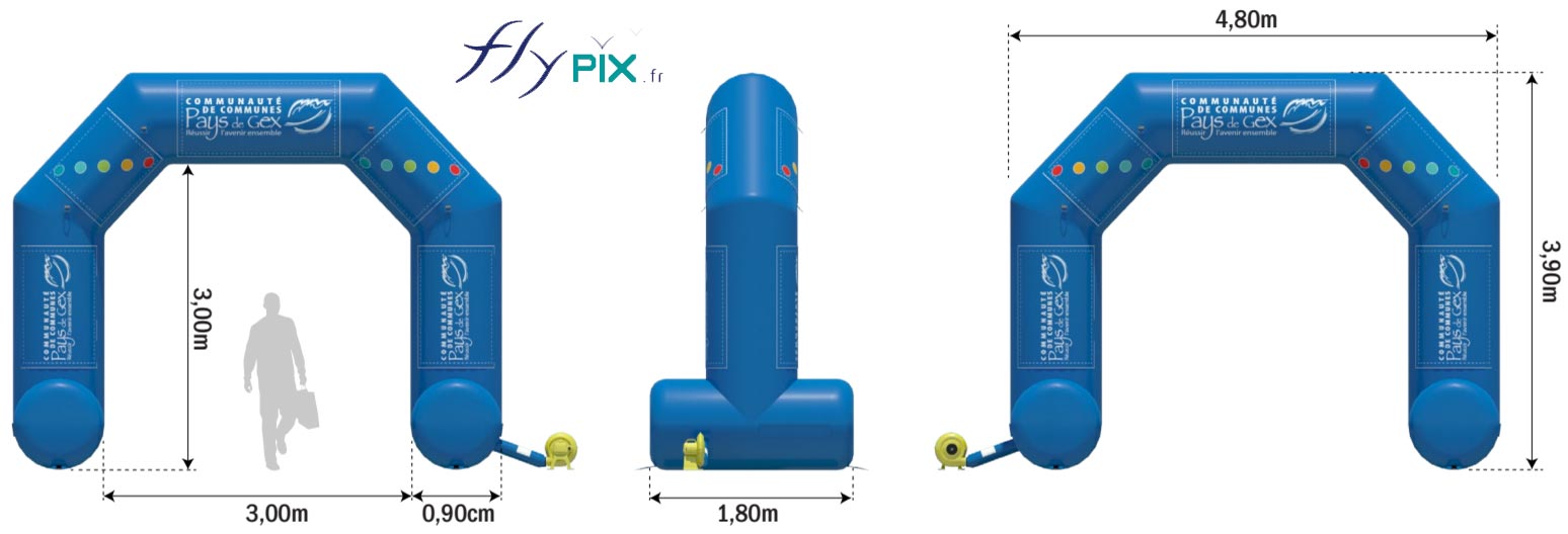 BAT de l'arche gonflable publicitaire personnalisée, avec des marquages amovibles en velcro, pour la communauté de communes du pays de Gex.