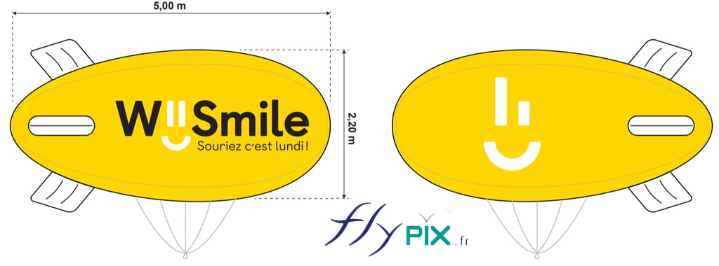 BAT pour le ballon dirigeable publicitaire personnalisé de WE SMILE, L = 5 m, PV0 0,18 mm, totale impression numérique couleur.