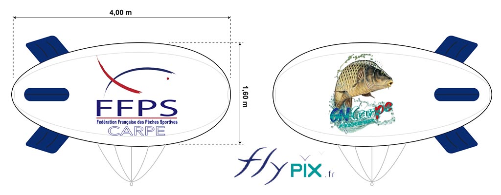 BAT: 1 ballon dirigeable publicitaire imprimé L = 4 m, pour la promotion de la société NG Carpe