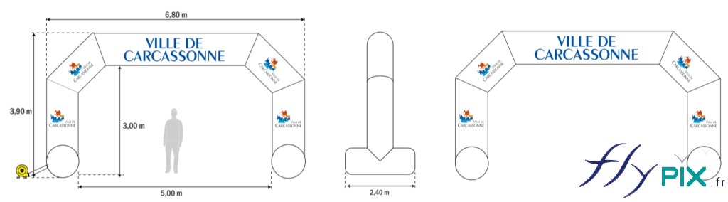 BAT arche gonflable 6 x 4 m pour la Mairie de Carcassonne, enveloppe PVC 0.45 mm, gonflée avec turbine en permanence