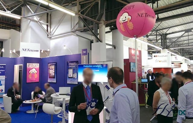 Un exemple de ballon sur mat éclairant, personnalisé en totale impression numérique couleur, ici déployé pour un stand dans un salon professionnel