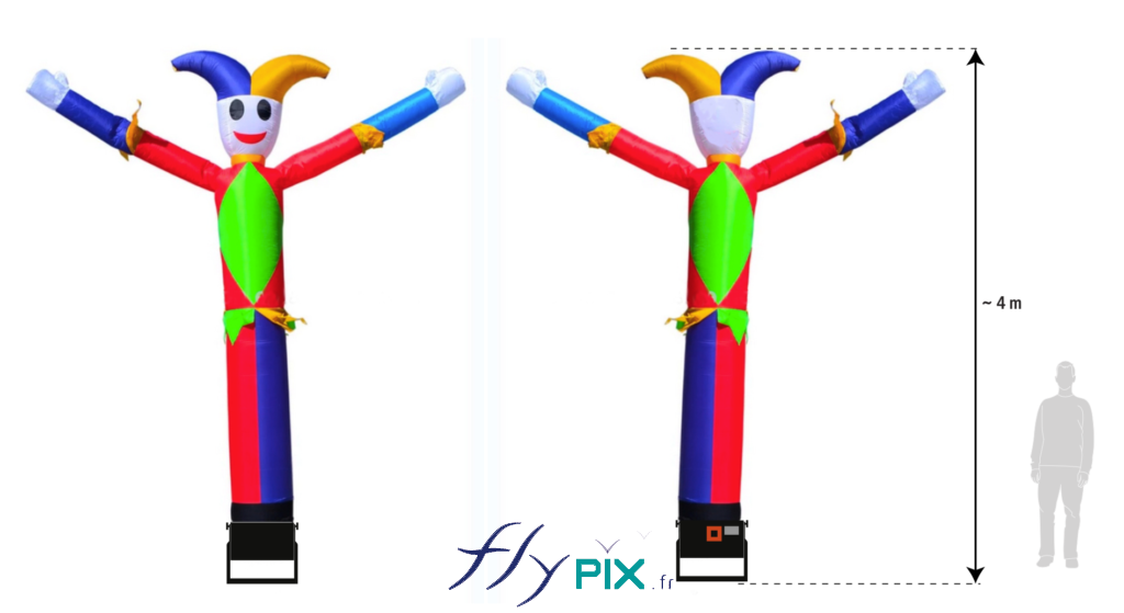 Skydancer bonhomme avec 1 jambe et 2 bras, hauteur 4 m, reproduction d'un Joker, réalisé pour la société AGAT FILMS & CIE.