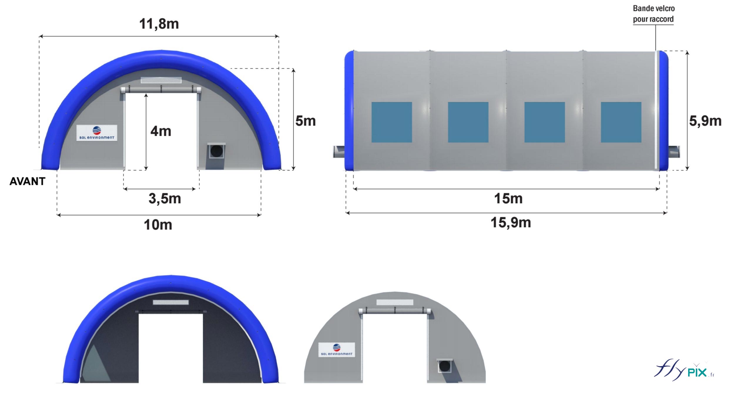 Plan des dimensions d'un hangar gonflable industriel de grande taille.