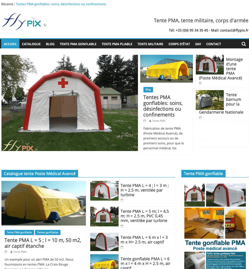 Site internet FlyPix sur les tentes PMA, tentes militaires et corps d'état. Fourniture de tentes PMA et de tentes médicales